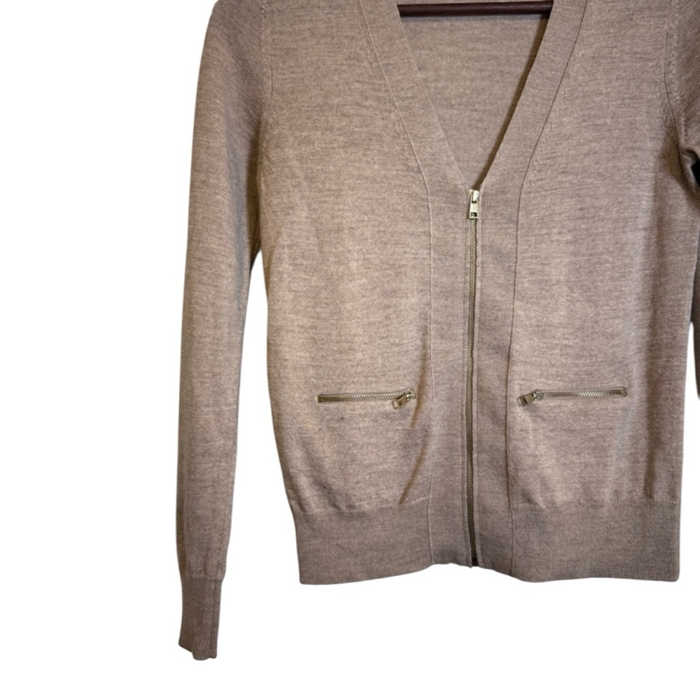 Ann Taylor Long Sleeve Beige Sweater w/ Gold Zip Up and Pocket Details 100% Wool - Picture 5 of 16